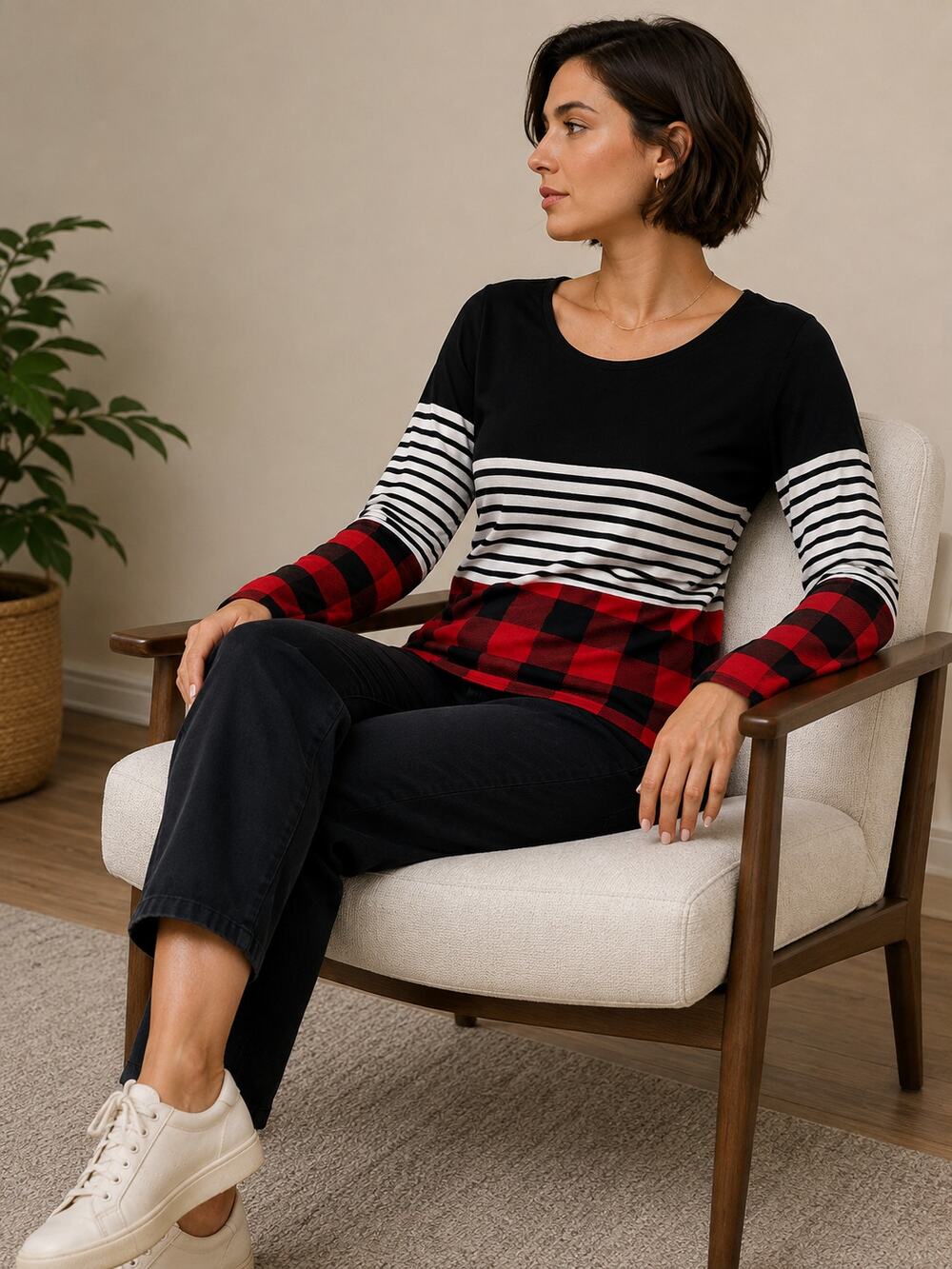 B208 Zenana XL Colorblock Buffalo Plaid Stripe Tunic Top Long Sleeve Black Red